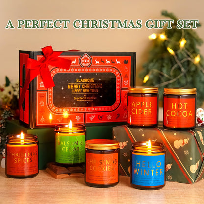 Christmas & Winter Candle Gift Set, 6 Pack 7oz Soy Scented Candles for Home, Holiday & Birthday Gift for Women & Men, Balsam Cedar, Christmas Cookies & Spices, Apple Cider, Hot Cocoa & Hello Winter