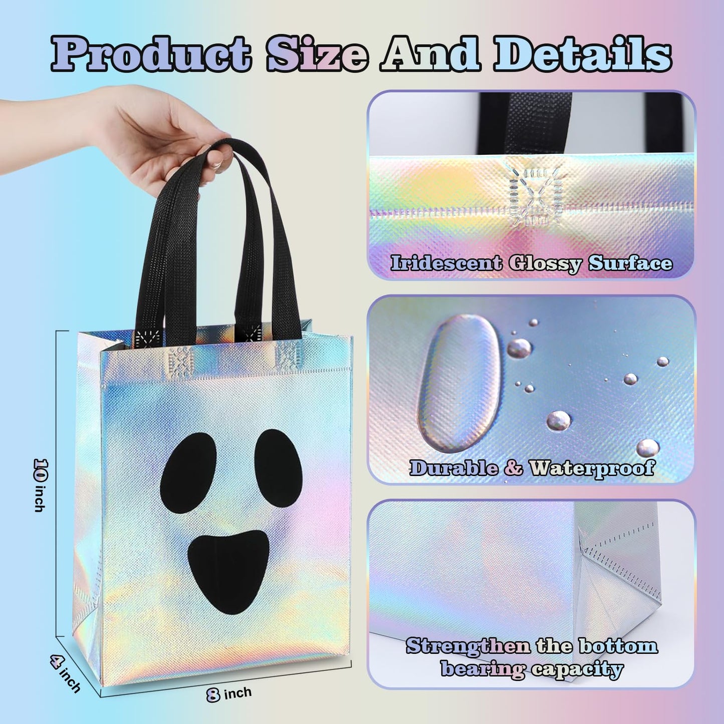 KAWZBYN 30 Pcs Halloween Ghost Gift Bags Iridescent Holographic Candy Goodie Bag Reusable Non woven Gift Bags for Girls Halloween Trick or Treat Party Supplies Favors, 8''x4''x10''