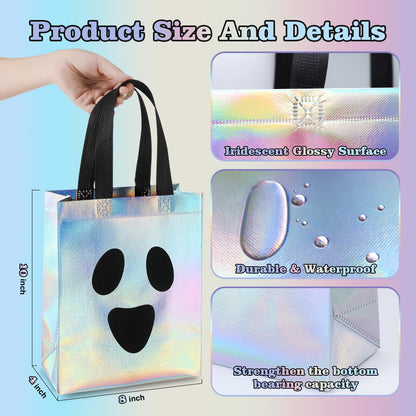 KAWZBYN 30 Pcs Halloween Ghost Gift Bags Iridescent Holographic Candy Goodie Bag Reusable Non woven Gift Bags for Girls Halloween Trick or Treat Party Supplies Favors, 8''x4''x10''