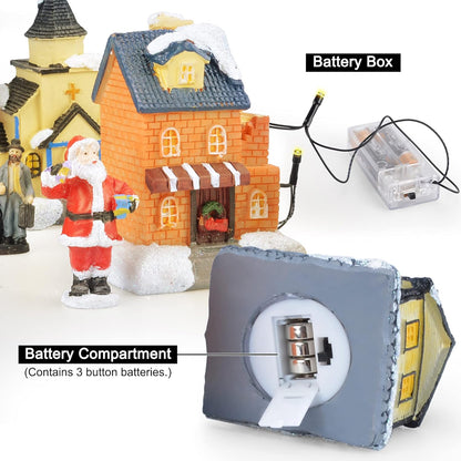 Skiennix Christmas Village Set | LED Lighted Houses with Figurines | Collectible Indoor Decor