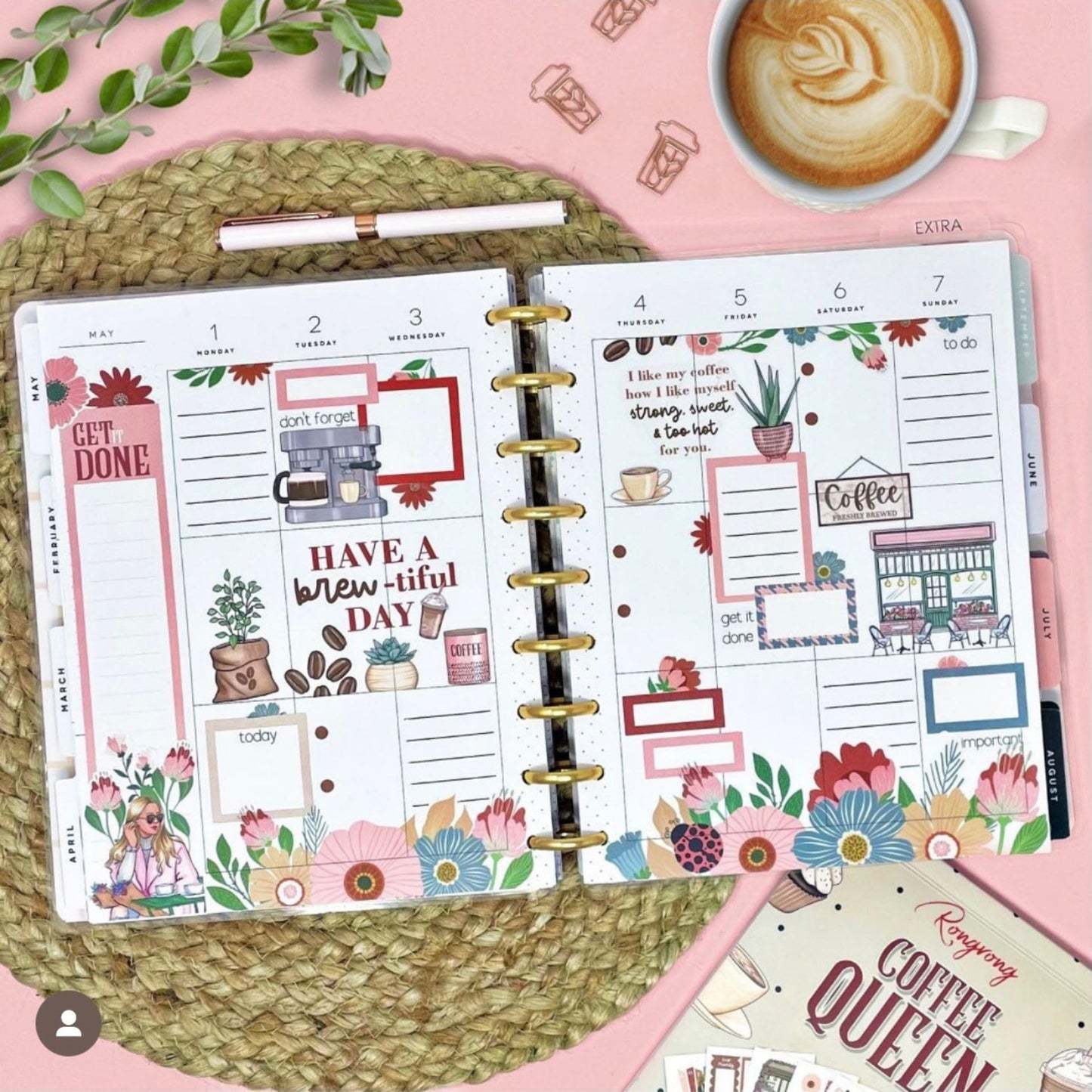 Rongrong Coffee Planner Stickers Book for Planners, Calendars, Journals and Projects – Premium Quality Hand Drawn Perfect for Caffeine Lovers – Scrapbook Accessories – 24 Sheets