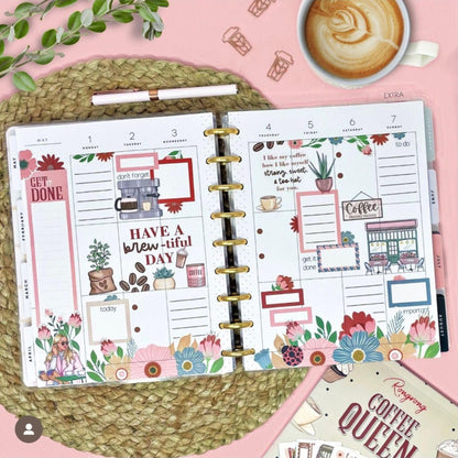 Rongrong Coffee Planner Stickers Book for Planners, Calendars, Journals and Projects – Premium Quality Hand Drawn Perfect for Caffeine Lovers – Scrapbook Accessories – 24 Sheets