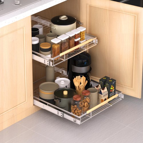 KIKIBRO Expandable Pull Out Drawer Cabinet Organizer, Adjustable Width Bottom-Mounted Slide Out Storage Shelves for Cabinets, Required Cabinet Size (W: 10.16"~16.36", D≥22.5"), 1 Pack