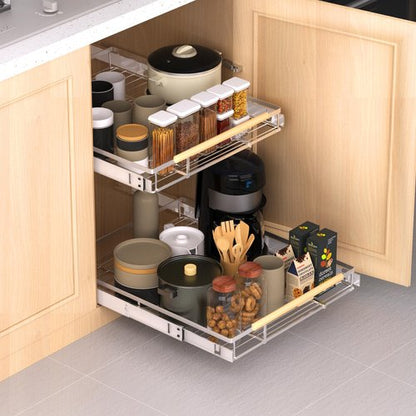 KIKIBRO Expandable Pull Out Drawer Cabinet Organizer, Adjustable Width Bottom-Mounted Slide Out Storage Shelves for Cabinets, Required Cabinet Size (W: 10.16"~16.36", D≥22.5"), 1 Pack