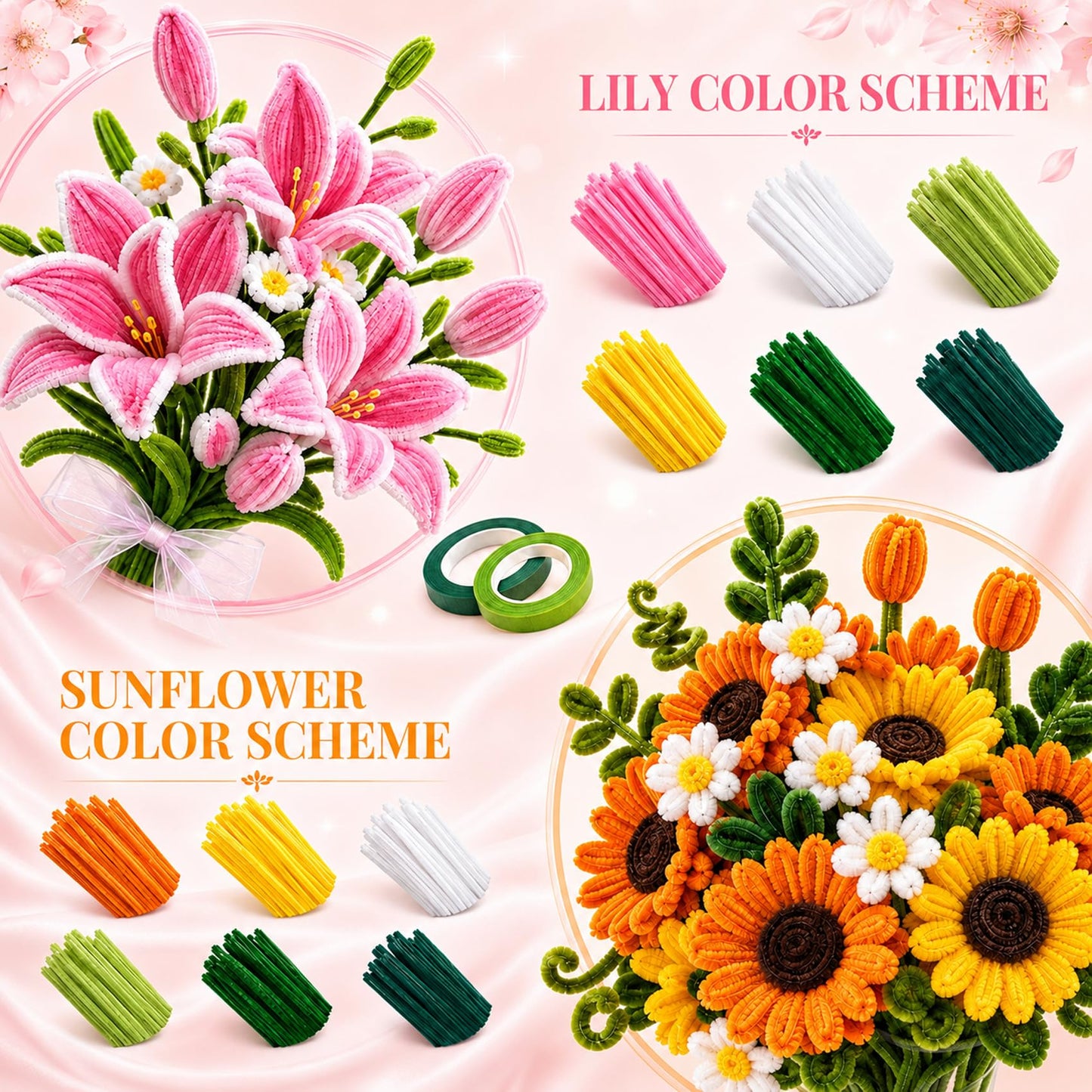 Vorplick Pipe Cleaner Flower Kit, 950 Pcs Pipe Cleaners Craft, Chenille Stems for DIY Flower Making Kit with Instructions, Floral Wires, Stamen& Ribbon for Adults and Kids