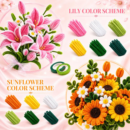Vorplick Pipe Cleaner Flower Kit, 950 Pcs Pipe Cleaners Craft, Chenille Stems for DIY Flower Making Kit with Instructions, Floral Wires, Stamen& Ribbon for Adults and Kids