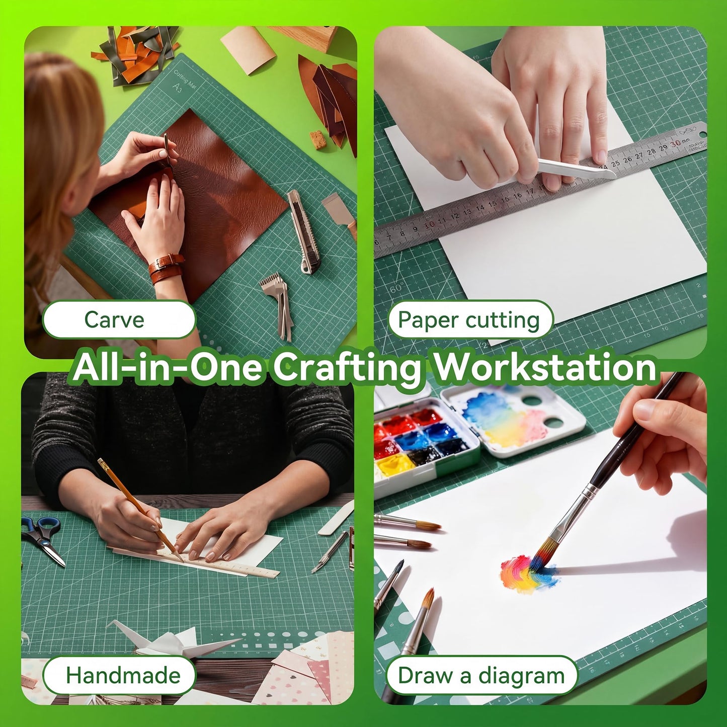 3Pcs Self Healing Cutting Mat, Double-Sided Non-Slip Rotary Cutting Board for Rotary Cutting, Sewing, Quilting, Crafting, A3 A4 A5 Size (18x12, 12x9, 9x6 Inch),Green