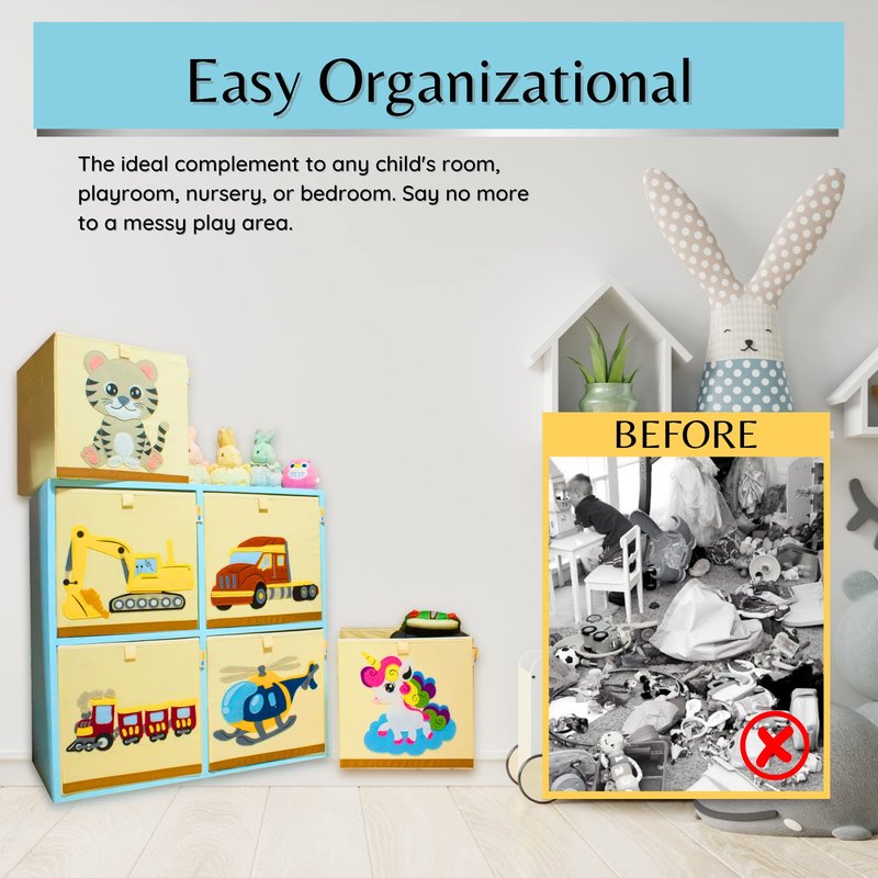 Product 4 Kids - Washable Toy Organizers and Storage, Canvas Toy Chest Organizer Foldable Kids Toy Storage Organizers for Child's Bedroom or Playroom -13x13x13 Inch (Excavator)