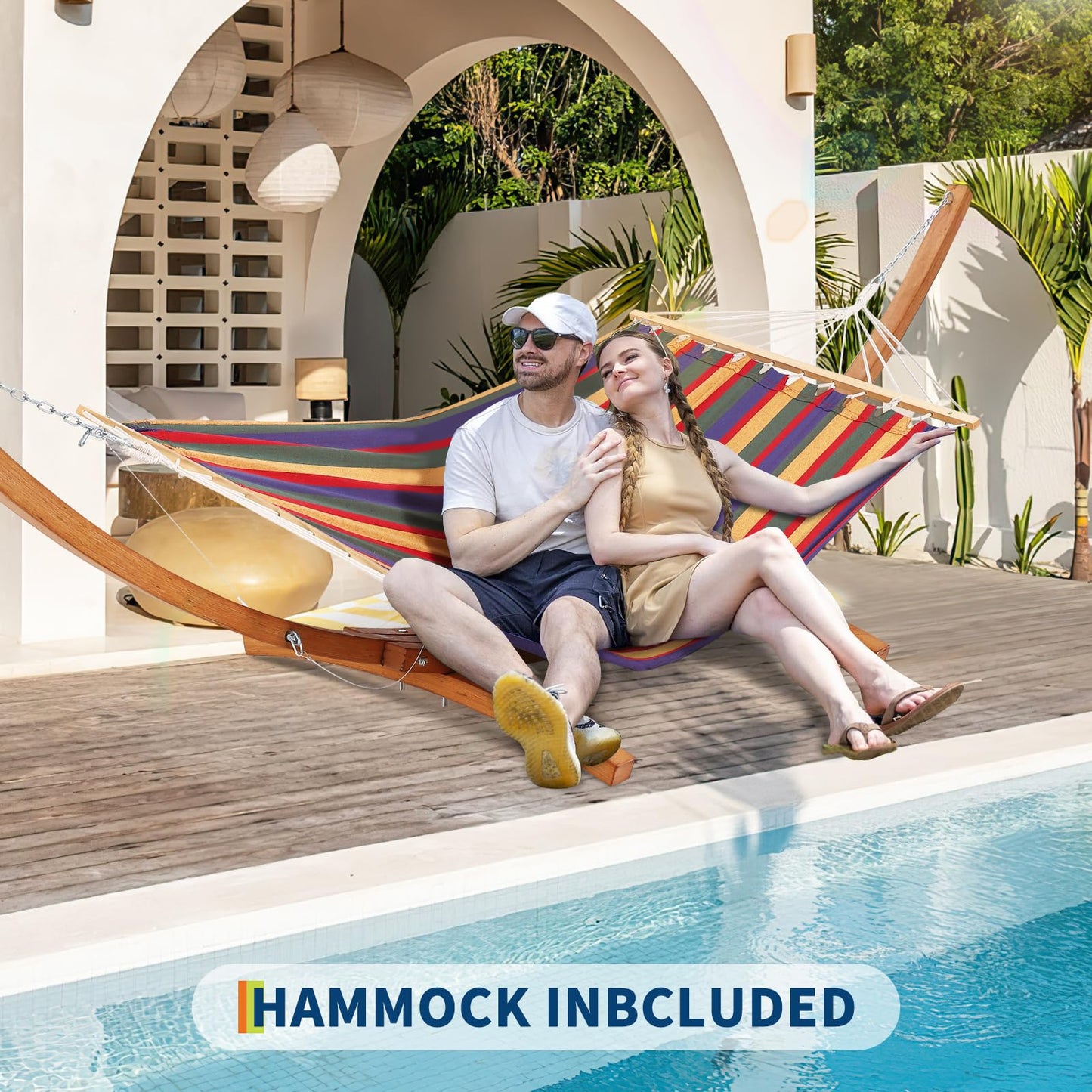 Festisoul Curved Wooden Hammock Stand, Heavy Duty 475 LBS Weatherproof Hammock Frame, Adjustable Height Stand for 9-13FT Hammocks, Indoor/Outdoor Patio Hammock Stand with Chains & Carabiners