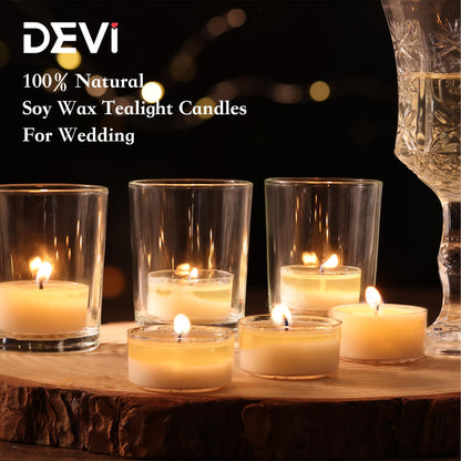 DEVI Soy Tea Lights Candles 200 Pack, 6 Hour White Tea Candles Bulk, Soy Wax Tea Lights Bulk-6 Hours Long Burning, Unscented Small Votives Bulk for Wedding Favors, Party Events, Shabbat,Home Decor