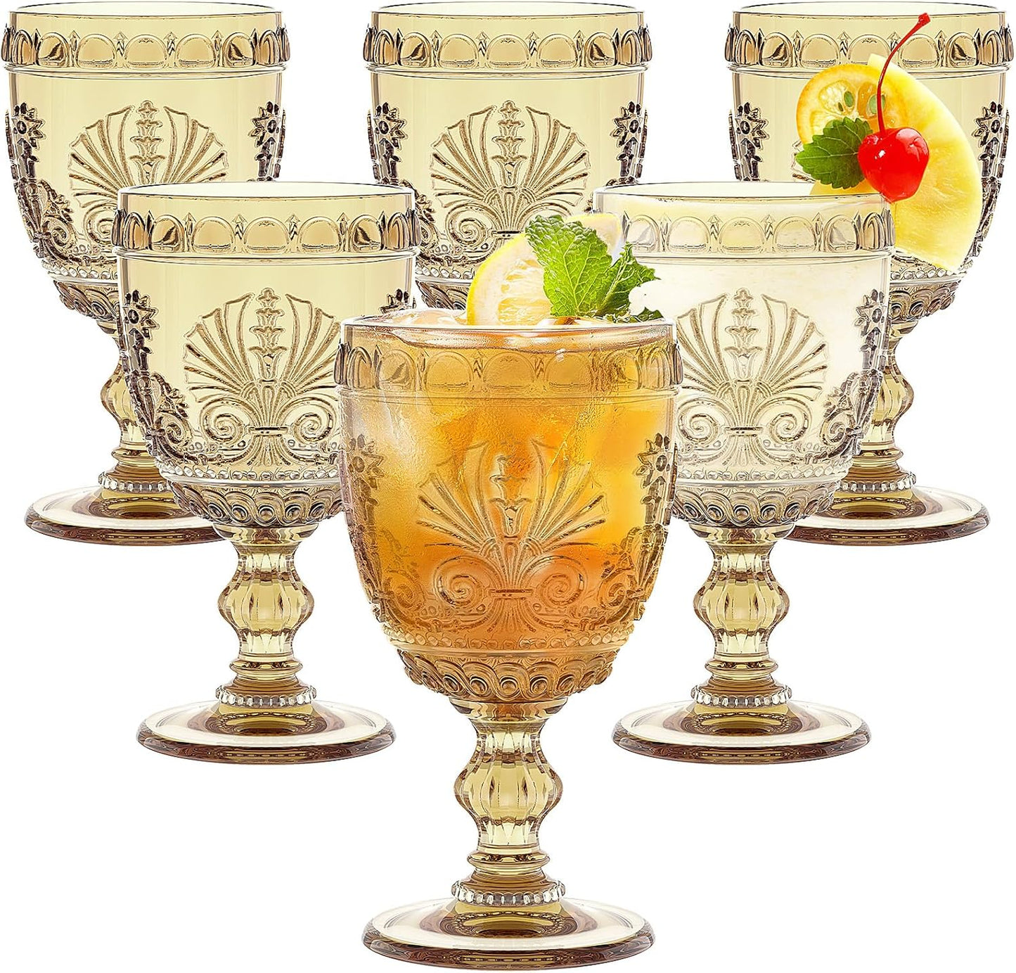 Singhoow 6 10 oz Pcs Goblet Glasses Wine Glasses, Drinking Glasses Colored Retro Embossed Water Goblets For Wine Juice