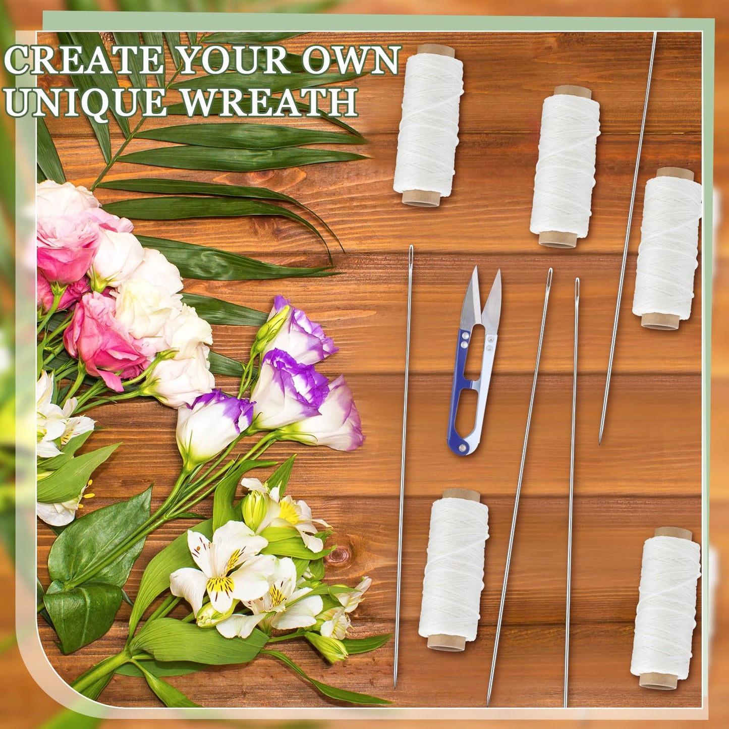 Leriton 13 Pcs Lei Needle Kit, 6 Pcs 14'' Stainless Steel Long Needle Fot Hawaiian Leis 6 Twine 1 Sewing Scissors Making Kit for DIY Graduation Hawaiian Flower Wreath Craft Accessory