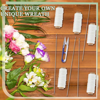 Leriton 13 Pcs Lei Needle Kit, 6 Pcs 14'' Stainless Steel Long Needle Fot Hawaiian Leis 6 Twine 1 Sewing Scissors Making Kit for DIY Graduation Hawaiian Flower Wreath Craft Accessory