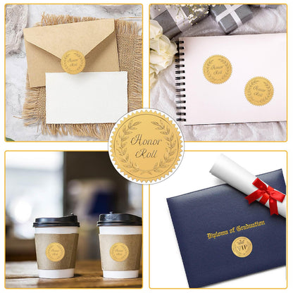 CRASPIRE 408pcs 2 Inch Honor Roll Gold Foil Stickers Word Gold Embossed Gold Certificate Seals Self Adhesive Waterproof Round Dot Medal Decoration Label for Gift Packaging Envelope Card Seal