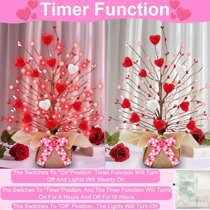 Valentines Day Decorations,Timer Lighted Valentine's Day Tree Tabletop with 20 Red Lights Battery Operated 16 Inch 12 Heart 48 Pink Berries Artificial Tree Valentine's Day Decor Home Party Wedding