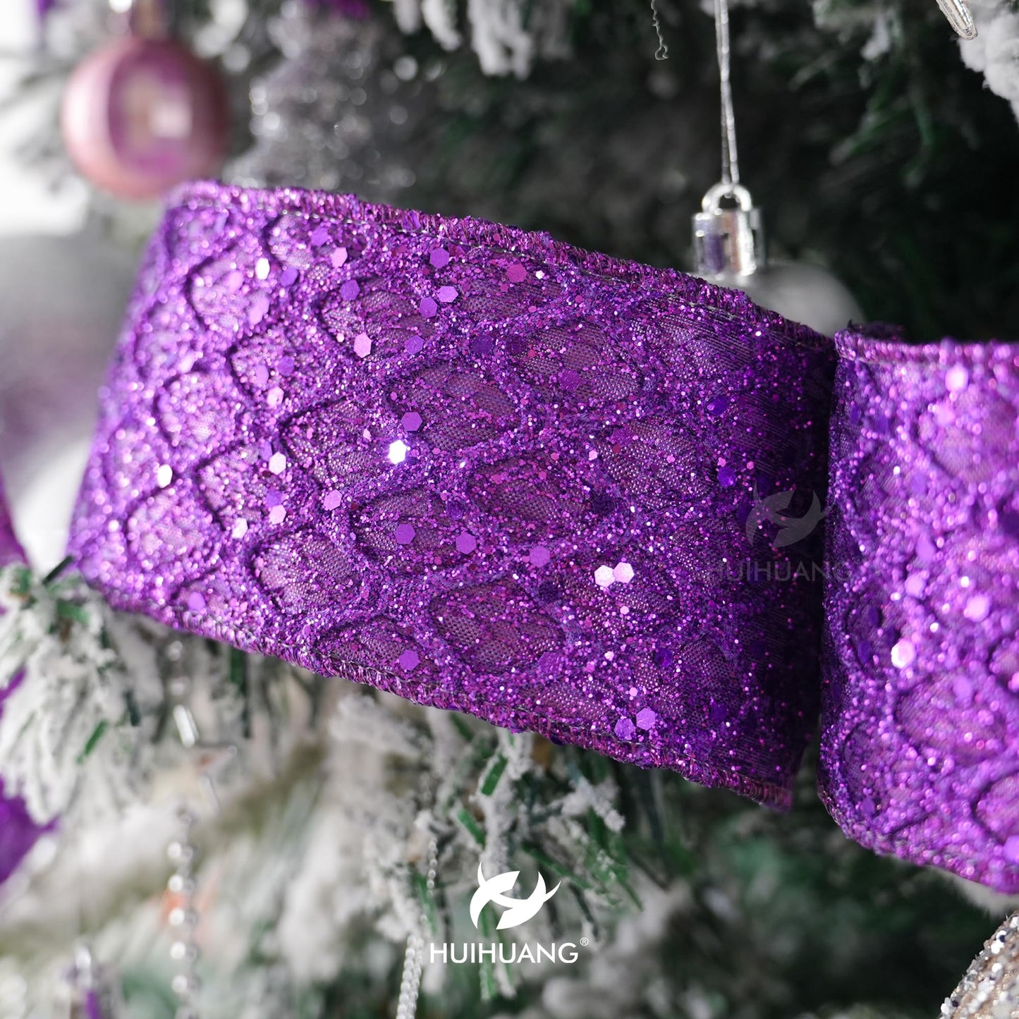 HUIHUANG Purple Wired Ribbon for Christmas Tree 2.5 inch Purple Glitter Diamond Mesh Ribbon for Tree Decoration, Wreaths, Garland, Gift Wrapping, Large Bows Making, Halloween Decor -10 Yards