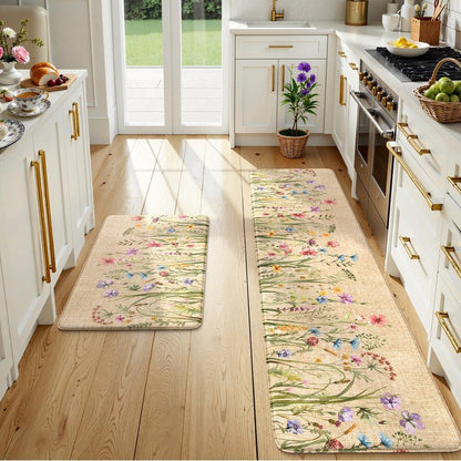 KIMODE Kitchen Anti Fatigue Mats, Farmhouse Flower Kitchen Rugs Sets of 2, Memory Foam Kitchen Mats for Floor, Waterproof Non Skid Standing Mats for Sink Laundry Office Desk Brown 20"x71"+20"x32"