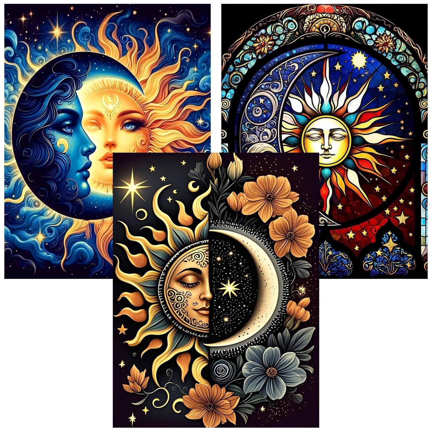 DIPQYART 3 Pack Diamond Art Kits for Adults, Sun and Moon Diamond Painting Kits for Adults, 5D DIY Round Drill Gem Art Paint with Diamonds Dots Crafts Kits for Home Decor Gift 12x16inch