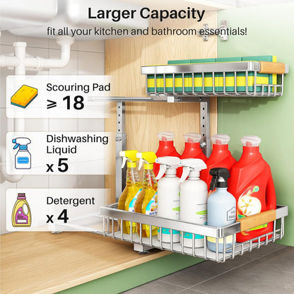 Under Sink Organizer by Skiennix - Stainless Steel 2-Tier Storage Solution | Pull-Out Cabinet Shelf