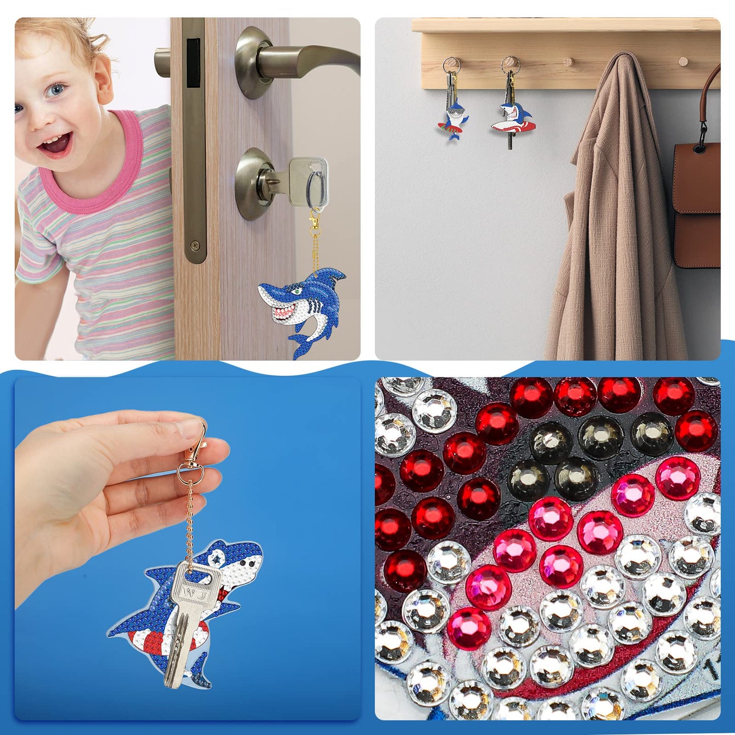 Henoyso 15 Pcs 5D Diamond Painting Keychains DIY Shark Diamond Art Keychain Kit for Kids Boys Girls Adult Mosaic Full Drill Pendant Phone Charm Bag Pendant Accessory Arts Crafts