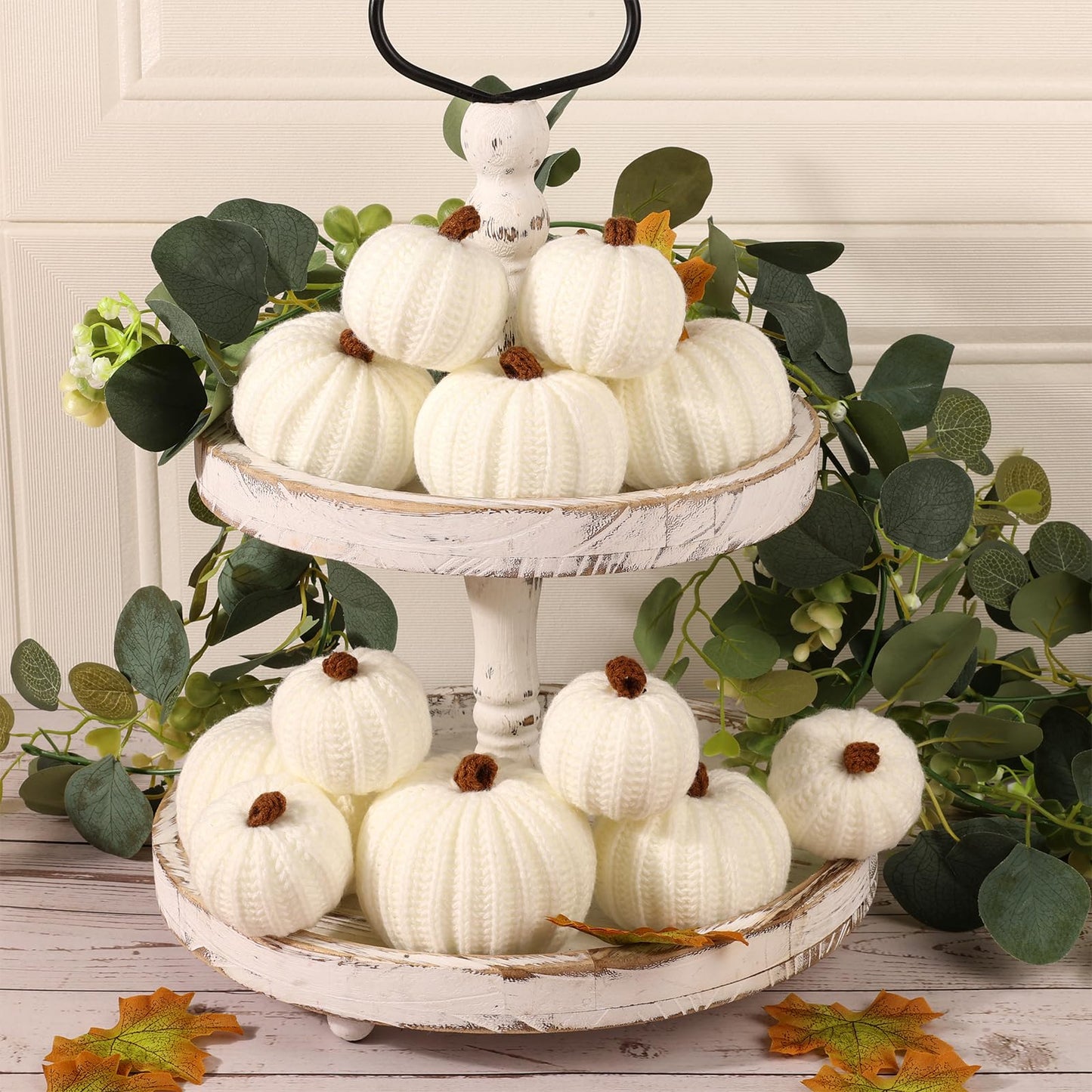 ZenNex 12-Pack Fall Crochet Pumpkins Handmade Fall Decor Set with 2.36, 3.15, 4inch Sizes Knit Pumpkins Farmhouse Thanksgiving Table Centerpiece, Halloween Decorations (White)