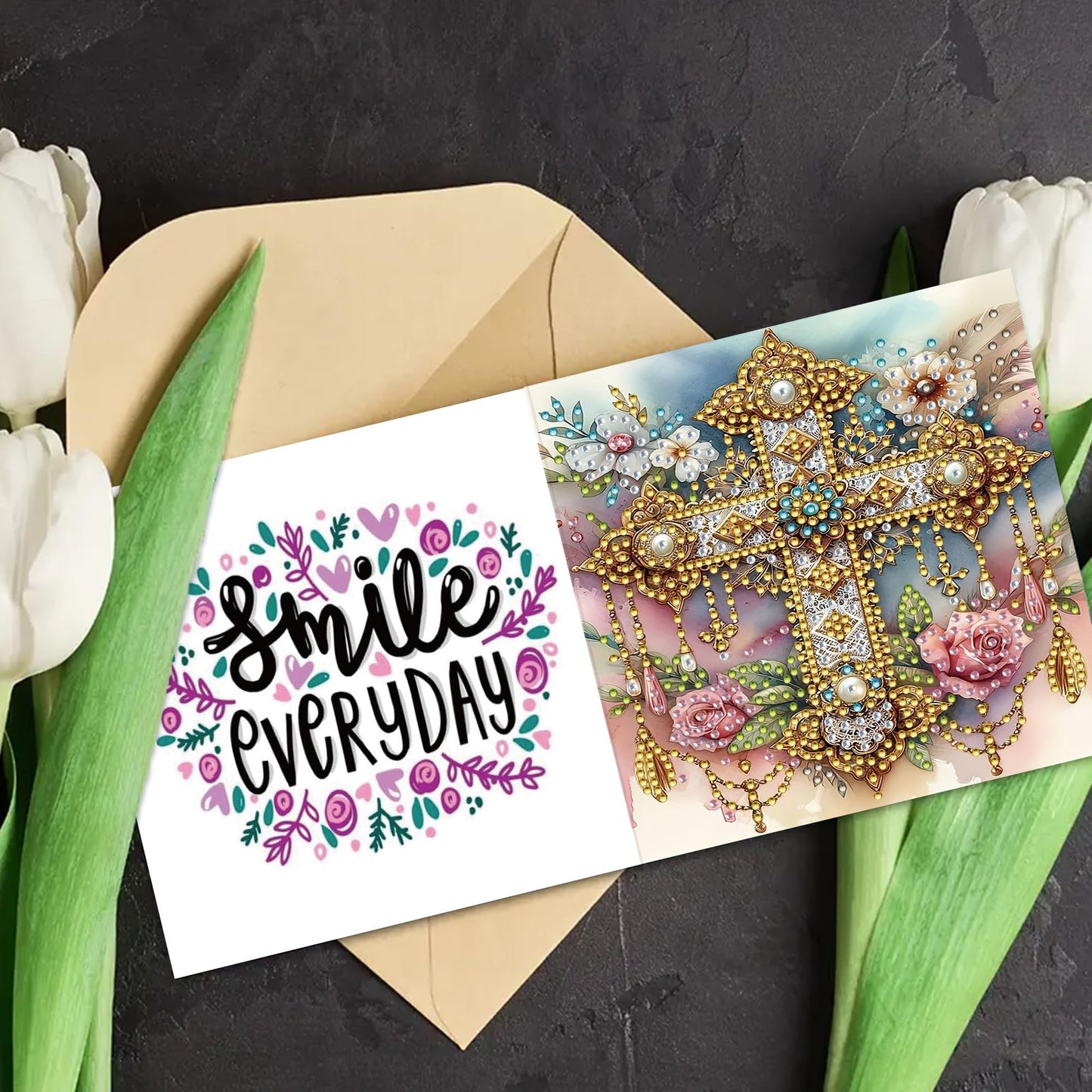 MaiYiYi 6 Pack DIY Cross Diamond Painting Greeting Cards Kit, Cross Flower Diamond Art Greeting Cards, Rose Diamond Art Cards with Envelopes for Family Friends Holiday Birthday