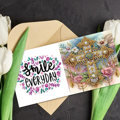 MaiYiYi 6 Pack DIY Cross Diamond Painting Greeting Cards Kit, Cross Flower Diamond Art Greeting Cards, Rose Diamond Art Cards with Envelopes for Family Friends Holiday Birthday
