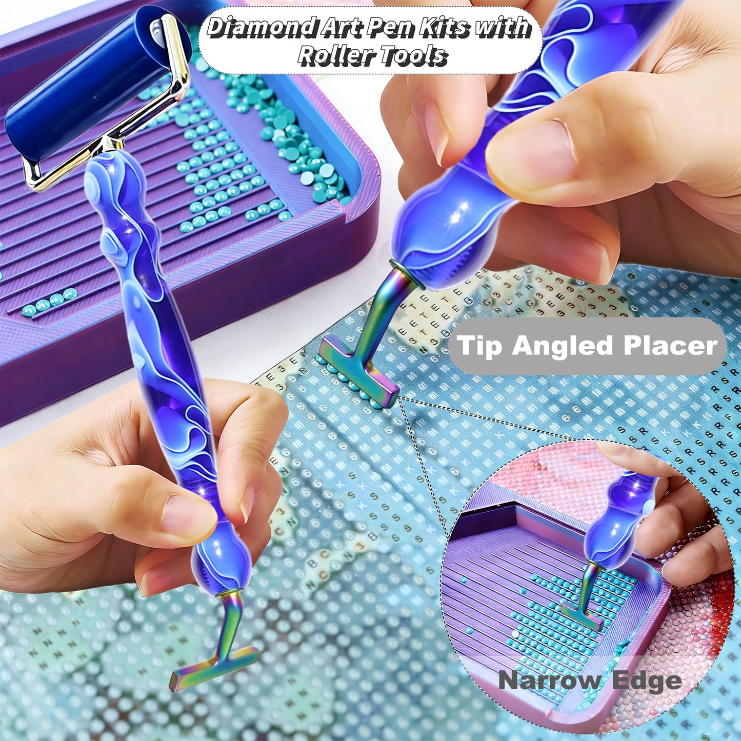 Diamond Painting Art Drill Bead Dot Pen Kit with Ergonomic 45° Screw Metal Tips Nibs Placers Roller Tool Accessories, Diamond Art Putty, Diamond Painting Tray, Tweezer (Dark Blue 1246 Beads)