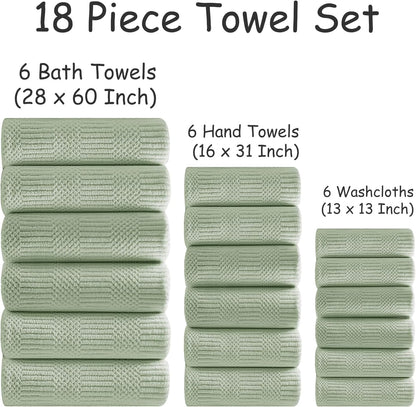 18 Set-6 Sheets,6 Towels,6 Set Pcs Green Woven Family Towels Bath Hand Washcloths Soft Polyester Towels Absorbent