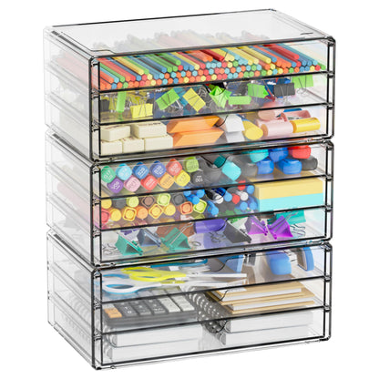 Yieach 11.1 Inch Long Clear Drawer Organizers Stackable,3 Pack Small Acrylic Drawers,School,Office Supplies Organizer And Storage Bins for Stationery,Marker,Pen,Pencil,Craft Desktop Storage Drawers