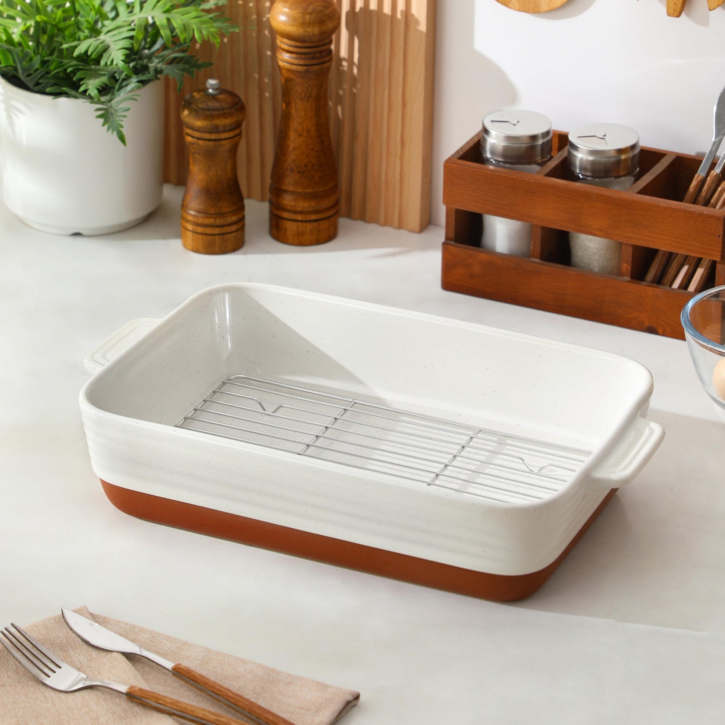 MALACASA Baking Dish with Rack, 4.8 Qt Ceramic Roasting Pan with Stainless Steel Drip Rack, 9x13 Inch Deep Casserole Dish with Handles, Oven Safe Lasagna Pan for Baking & Serving (Khaki & White) - Series Tara