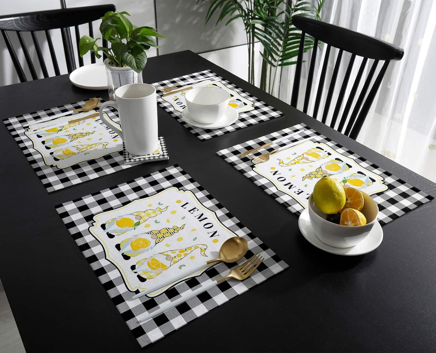 Victories Placemats for Dining Table - Summer Rural Lemon Gnomes Black White Buffalo Plaid, Set of 6