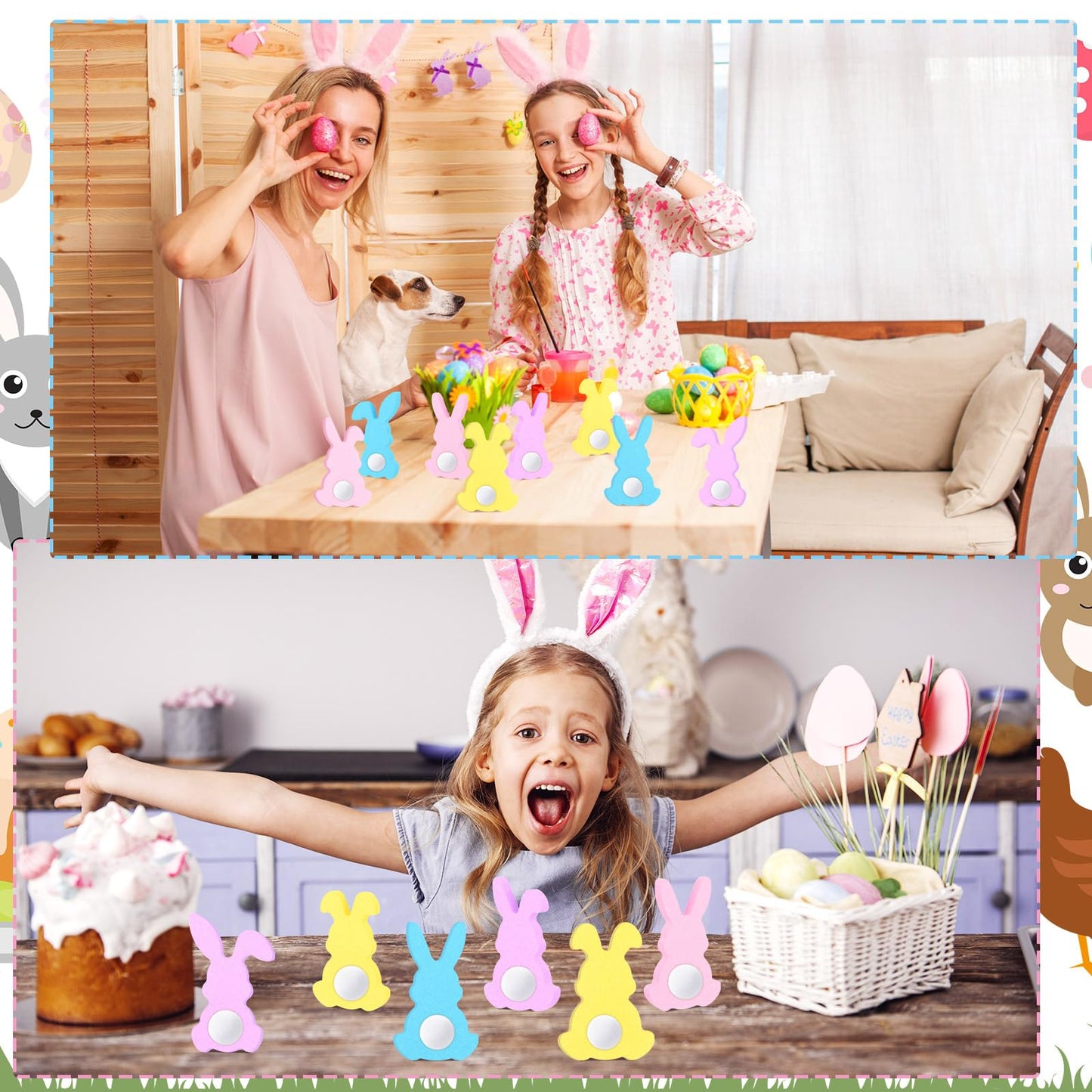 Menkxi 22 Pcs Easter Wooden Bunny Cutouts for Crafts Unfinished Easter Wood Cutouts Bunny Table Sign Rabbit Tabletop Decoration with 22 White Felt Balls Pom Ball 60 Adhesive Dots for DIY Craft Spring