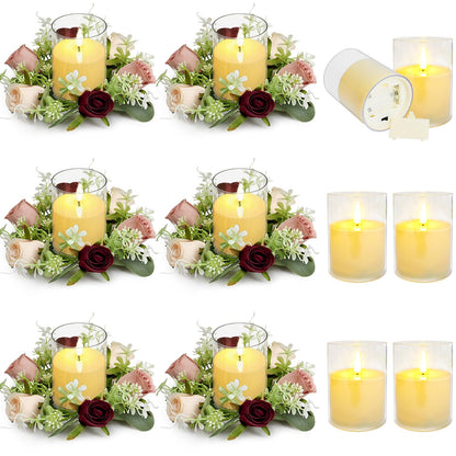Tobilu 6 Sets Rose Candle Rings Wreaths - Artificial Flowers Rings with Green Leaves LED Flameless Candles for Centerpiece Wedding Home Banquet Party Decor, Burgundy Pink Champagne