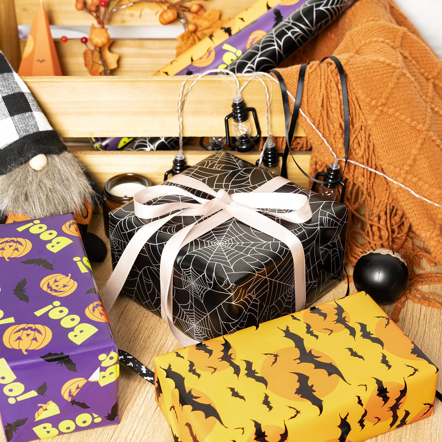 LeZakaa Halloween Wrapping Paper Roll - Mini Roll - Pumpkin with Boo Letters/Bat/Spider Web Print for Gift Wrap, DIY Craft - 17 x 120 inches - 3 Rolls (42.5 sq.ft.ttl.)