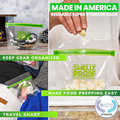Smelly Proof 10 x Expandable Stand-Up & Fill REUSABLE Storage Bags for Food Designed & Mfg in US, NO PEVA, BPA FREE, Reusable Snack Bags, Dishwasher-Safe, Clear 3 mils STAND & FILL 6" x 4" - 10pk