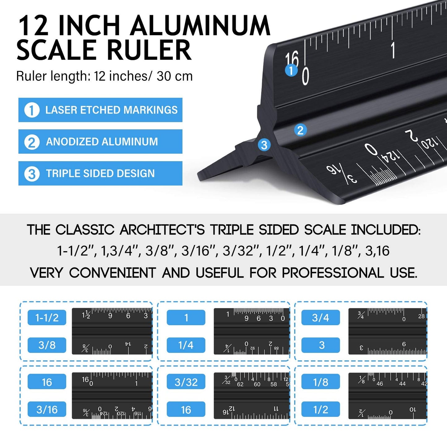 Weewooday 10 Pieces 12 Inch Architectural Scale Ruler Aluminum Triangular Engineering Ruler Scale with 6 in 1 Multitool Pen Ballpoint Pen for Architects, Draftsman, and Engineers