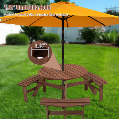 BIFULDYO 6-Person Round Outdoor Table and Chairs for Patio, Backyard, Wooden Garden Picnic Table with 3 Benches, 1720 Lb Capacity (Brown)