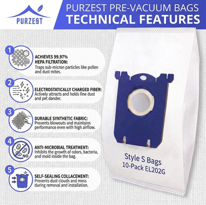 10 PCS Electrolux Vacuum Bags,Classic Type S Canister Vacuum Bags Compatible for Electrolux EL200F EL8500 EL202G, Eureka OX BB Vacuum Cleaner, Oxygen, Jet Maxx, Ultra Silencer AEG,Phililps Canisters