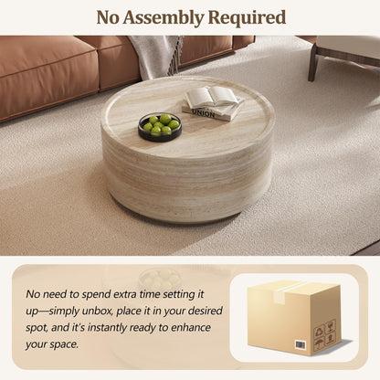 Merax 27.5" Round Coffee Table with Faux Luxury Marble Look, Drum Small Center Table with Strong Structure, Minimalist Mars Pattern End Table for Living Room, Bedroom, No Assembly Required, Beige