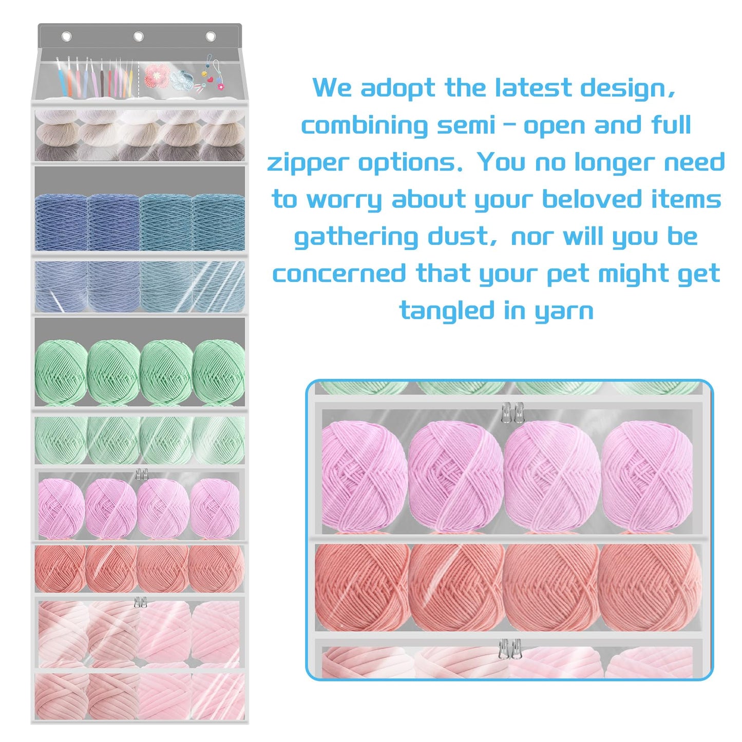 Mdoker Hanging Yarn Storage Organizer with Zippered Closure Compartments Large Capacity Crochet Storage Organizer,Transparent Over the Door Hanging Bag for Knitting Supplies