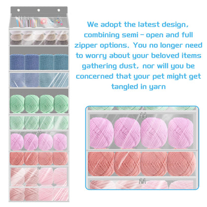 Mdoker Hanging Yarn Storage Organizer with Zippered Closure Compartments Large Capacity Crochet Storage Organizer,Transparent Over the Door Hanging Bag for Knitting Supplies