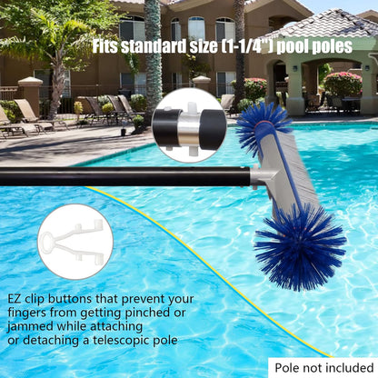 17.5" Poolvio Professional Floor & Wall Pool Cleaning Brush with Tough Around Nylon Bristles, EZ Clip Aluminum Handle