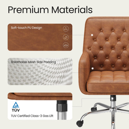 COLAMY Verso Home Desk Chair with Armrest, Leather Swivel Office Chair Adjustment Height with Wheels,Comfortable Padded Seat, Brown