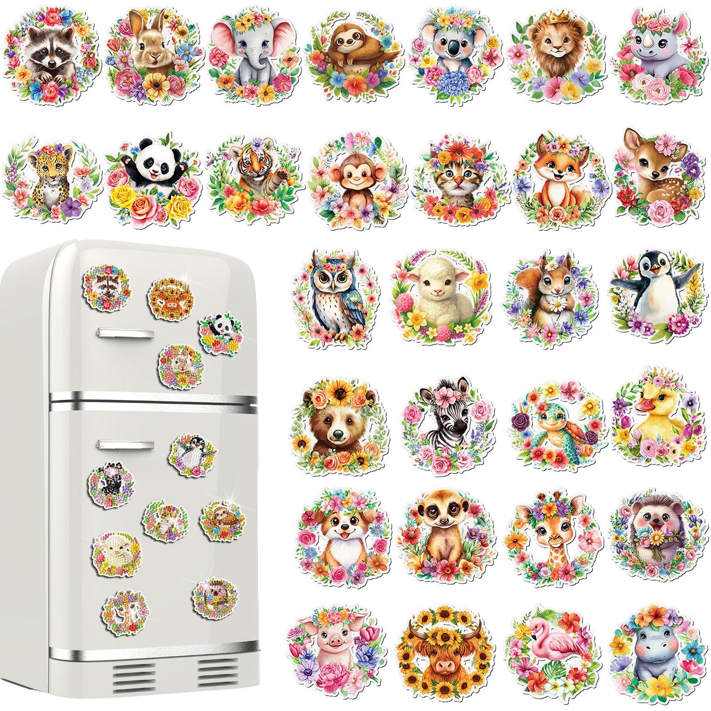 Xuhal 30 Pcs Spring Animal Diamond Painting Magnet Flower Animal Diamond Art Magnet Kits for Adults Floral Wreath Elephant Refrigerator Magnetic Sticker 5D Rhinestone Fridge Sticker for DIY Craft Gift