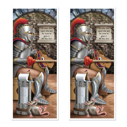 Beistle Knight Restroom Door Cover – 2 Pack, Medieval Castle Bathroom Party Decorations, Funny All-Weather Plastic Backdrop for Renaissance Fairs, Festivals, Birthday Parties, Themed Events, 6’ x 30”