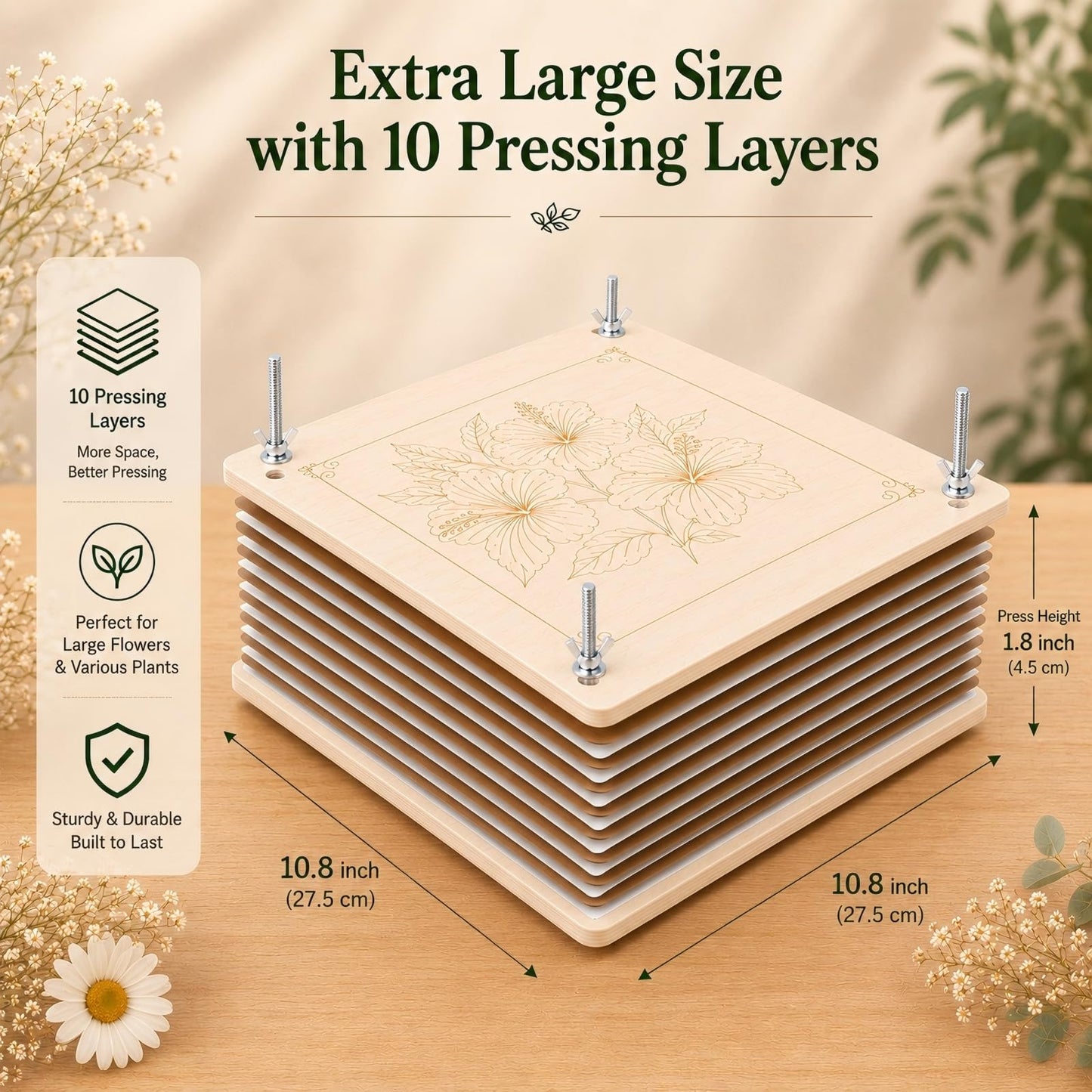 MeRGBWLife Flower Press - 11"x11" Wooden 10 Layer Flower Press Kit for Crafts Pressed Flowers & Plant Press, Scrapbooking, Bookmark Making, Wedding Bouquet Preservation, Dried Flowers