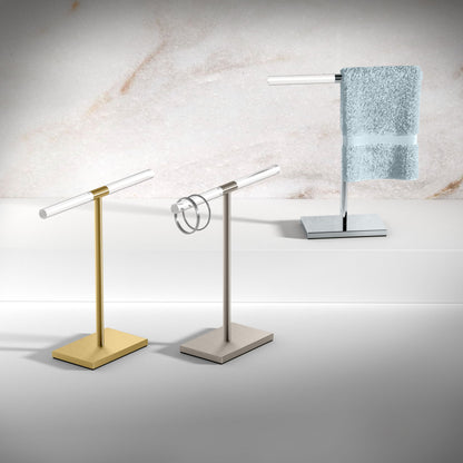 Gatco 1344B, Modern Rectangle Base Freestanding Countertop Towel Holder, Brushed Brass/Acrylic / 10.50" W x 11.13" H T-Shape Style Countertop Hand Towel Holder for Bathroom, Kitchen Towel Rack