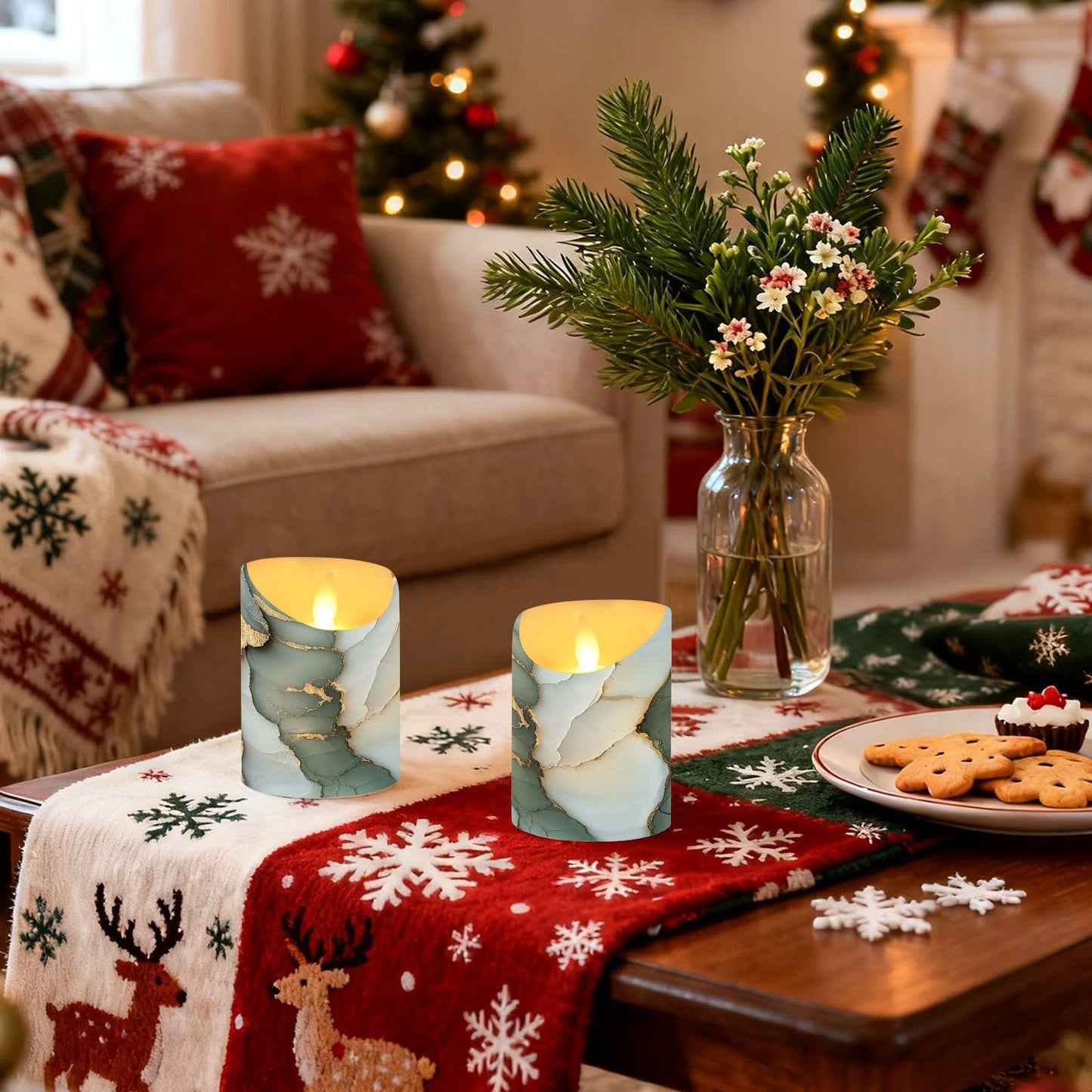 famyily Waterproof Outdoor LED Candles with Timer 2/4/6/8H Reusable Battery Operated Fake Candles for New Year’s Eve Party 3.9x3in - Marble Sage Green White