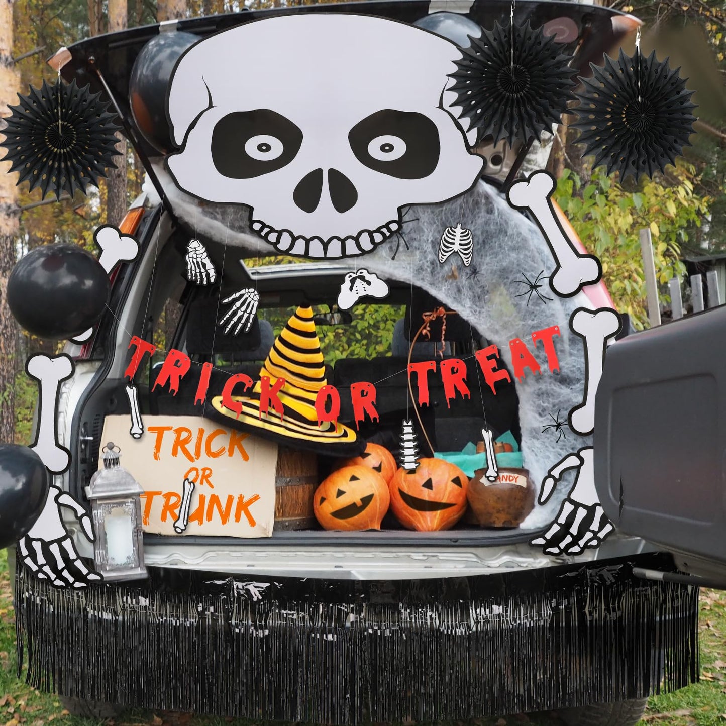 Yeaqee 32 Pcs Halloween Trunk or Treat Car Decorations Kit Skeleton Trunk or Treat Decorating Kit for Halloween Party Car SUV Decor